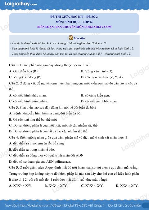 Đề kiểm tra giữa kì 1 Sinh 12 - Đề số 2 có lời giải chi tiết